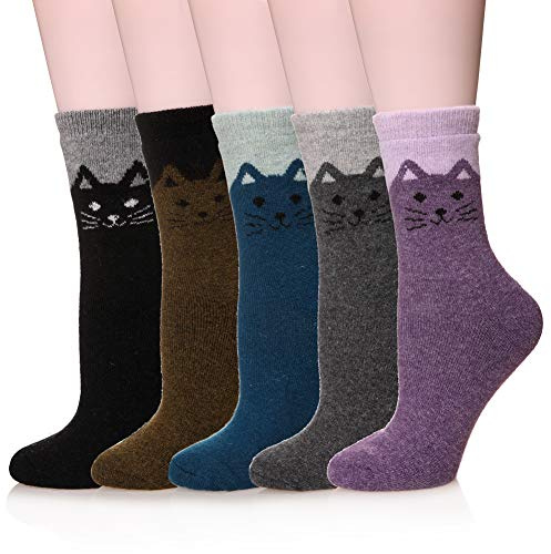 Velice Women Wool Socks Thick Thermal Hiking Warm Winter Crew Cushion Cozy Work Boot Socks 5 Pairs(Cat)