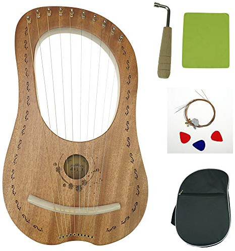 OW Lyre Harp 10 Metal String Wooden Saddle Mahogany Lye Harp with Tuning Wrench and Lyre Harp Bag, Gift Idea