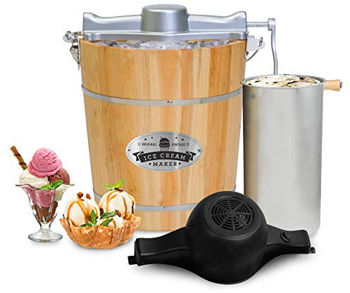 Elite Gourmet Old Fashioned 4 Quart Vintage Wood Bucket Electric Ice Cream Maker Machine Appalachian, *Bonus Classic Die-Cast Hand Crank for Churning, Uses Ice and Rock Salt Churns Ice Cream in Minute