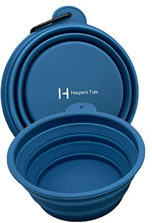 Harpers Tale - Cuenco Grande para Comida y Agua para Perros (1000 ml), Color Azul, Plegable, Silicona Apta para Alimentos, Molde Integrado, sin Borde de plástico, Clip de mosquetón, sin BPA.