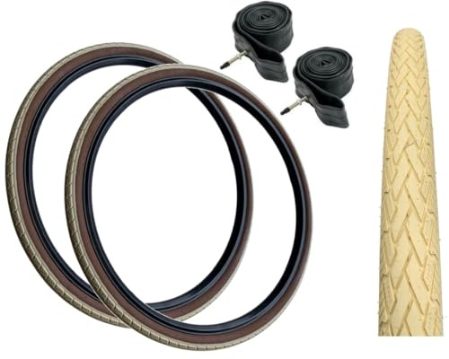 Baldys 700 x 38c Hybrid/Trekking Bike Slick Tyres CREAM/BROWN WALL & Presta Valve Inner Tubes (Pack of 2)