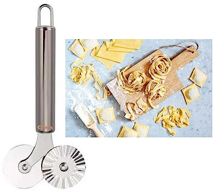 Rotella Doppia Tagliapasta,Rotella Taglia Pasta in Acciaio Inox,Tagliapasta con Doppia Rotella,Rotella Taglia Pizza e Pasta,Lavabile in Lavastoviglie,Rotella Taglia Pasta, Lama Doppia,in Acciaio Inox