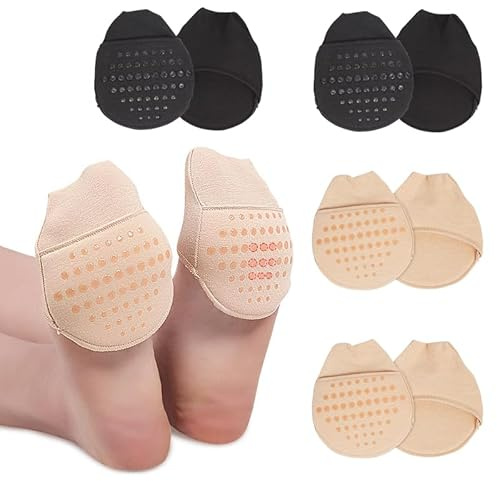 4 pares de protectores de antepié para mujer, calcetines acolchados antideslizantes, reutilizables, se adaptan a cualquier zapato (negro y piel)