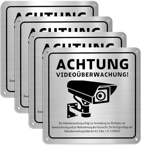 4 Stück Schild Videoüberwachung, Alu Achtung Videoüberwachung Schild, 15x15cm Schild Videoüberwachung Privatgrundstück mit Klebepad, für Überwachungskamera Oder Kamera Attrappe