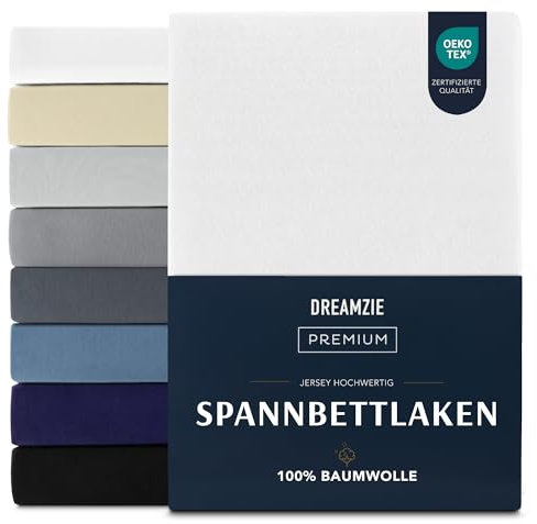 Dreamzie Premium Spannbettlaken 140x200 cm, Spannbetttuch für Dicke Matratzen bis zu 22 cm, Bettlaken 100% Jersey Baumwolle, 150 g/m², Oeko-TEX Zertifiziert - Weiß