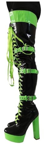 WILDKATZEN Damen Schnürstiefel Plateau Overknee Boots Blockabsatz Lack Zweifarbig Stiefel mit Riemen Schnallen Grün Schwarz 47 EU