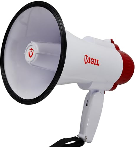Vigil 10W Megaphone with Folding Handle & Strap - Volume Control, Siren & Audio Record/Playback Function - Up to 1500m Range - Indoor/Outdoor Use - Ideal For Large Events and Emergency Use
