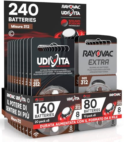 240 Batterie per Apparecchi Acustici Misura 312 PR41 (Marroni) con Sound Fusion Technology - 240 Pile: 160 Udivita + 80 Rayovac
