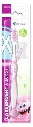 miradent Carebrush® Junior | Pink | Kinderzahnbürste | 6-12 Jahre | Zur Reinigung der Milch- und bleibenden Zähne | Ergonomisch geformt | Integrierter Saugfuß | Mit praktischer Hygiene-Schutzkappe
