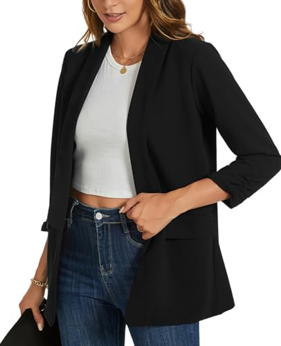 YOUNIFIZ Womens Blazers Casual Ruched 3/4 Sleeve Jackets Open Front Business Work Office Blazer Jackets with Pockets Black