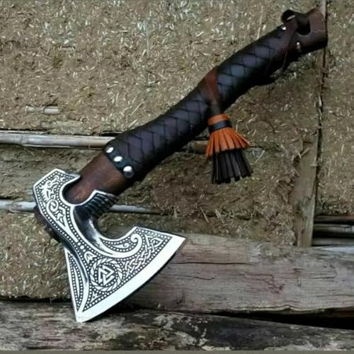 Viking Axe, Carbon Steel Blade Rosewood Handle Leather Wrapped Handle, Camping Axes, Viking Ax Hatchet, Real Tomahawk Gift, Wood Splitting Axes, Birthday Gift with Premium Leather Sheath