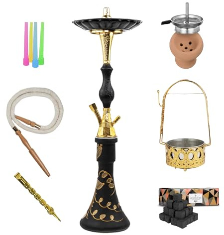 Pharaoh Traditionell Shisha Vattenpipa 70 cm – Handgjord i Guldmässing, Lerskål + Värmehanterare, Skinn/Träslang, 1 kg Cocobration Kol, Guld Kolbricka, 50 Munstycken | Komplett Set