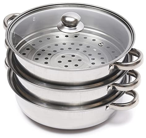 Olla de acero inoxidable, olla de vapor de 3 niveles, olla de verduras y carne, olla de vapor, con tapa de cristal y asas, para diferentes cocinas de inducción, hornillos de cerámica eléctricos