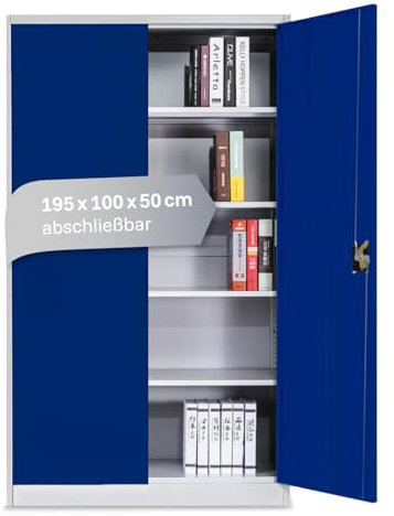 LagerZwei Mehrzweckschrank 195x100x50cm I Metallschrank, 4 Fachböden I Großer Aktenschrank, abschließbar I Robuster Allzweckschrank als Werkstattschrank & Büroschrank I Stahlschrank blau