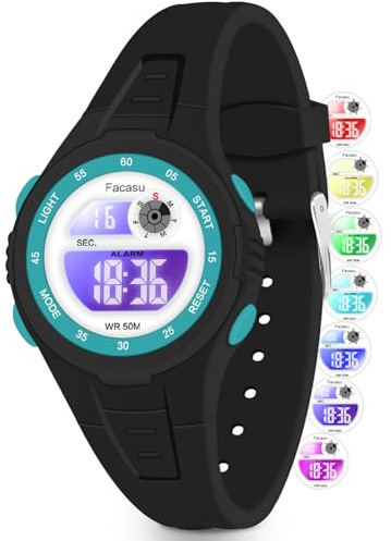 Facasu Kids Digital Watch for Boys Girls, Colorful Light 50M Waterproof Outdoor Sports Watch for Toddler Children with Stopwatch Alarm 12/24 H Functions - Kids Gifts for Boys Girls Ages 4-15(Black)