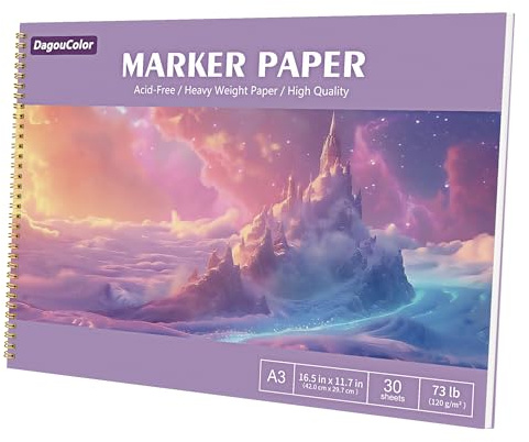 DagouColor Papel Marcadores de Alcohol, A3, 1 Pack, 30 Hojas (60 Páginas) Papel de Dibujo, Prevención de Fugas Papel Marcado Alcohol, Almohadilla de Dibujo Sin Acido para Artistas Adulto