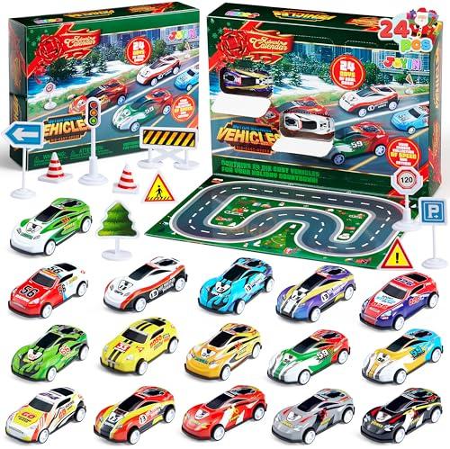 JOYIN 2025 Christmas Advent Calendar, 24 Days Christmas Countdown Pull Back Vehicles for Boys Girls Toddlers Kids, Xmas Party Toy Gifts, Kids Xmas Fun Gifts, Christmas Party Toy Gifts