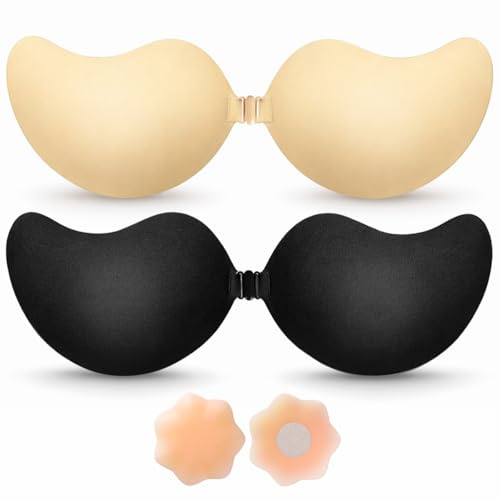 BLOOMORA Soutien-Gorge Adhésif Push Up – Soutien-Gorge Dos Nu sans Bretelles Invisible avec Clip – 2 Soutiens-Gorge Adhésifs Noir & Beige + Caches-Tétons Réutilisables - Bonnet D