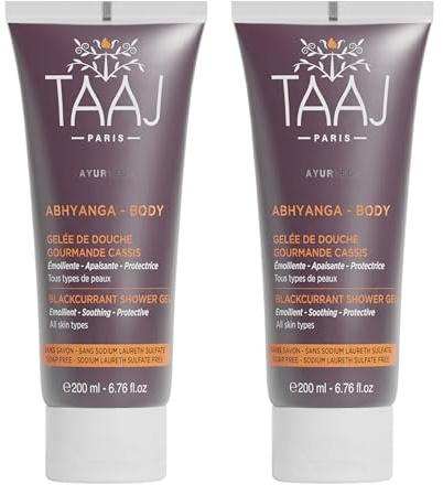 TAAJ | Cassis-Duschgel Abhyanga | Antioxidative Eigenschaften | Reinigt die Haut sanft | Zart parfümierte Haut | Vegan | Cruelty-Free | 2er-Pack à 200 ml