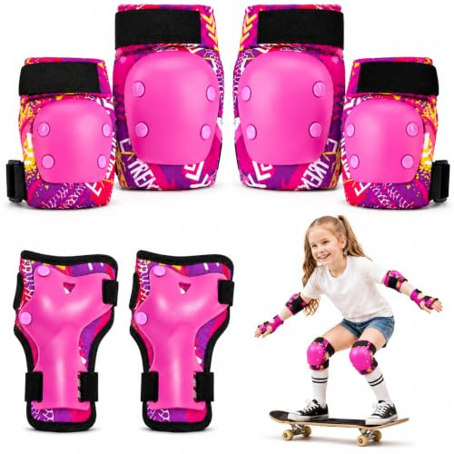 Lafefe Kids Protective Gear Set 6 in 1, Knee Pads Elbow Pads Wrist Guards with PP Shell & EVA Cushion, Adjustable Skating Pads S Size for Roller Skating Skateboard Cycling (Red)