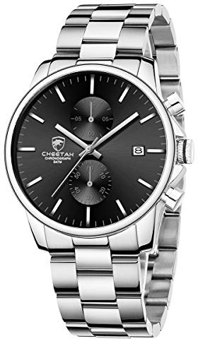 GOLDEN HOUR Men's Watches with Silver Stainless Steel and Metal Casual Waterproof Chronograph Quartz Watch, Auto Date in Black Dial