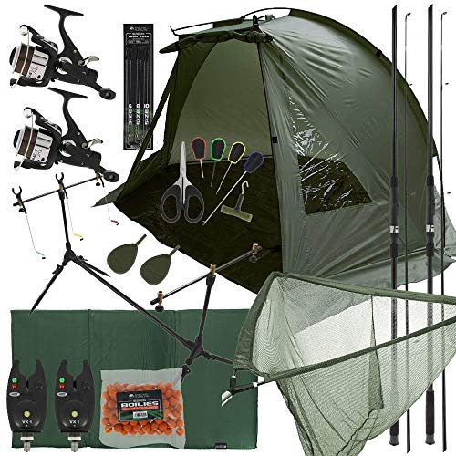 Deluxe Complete Carp Coarse Fishing 2x 3pc 12ft Rods and 2x 2BB Reel Combo Set Up Including Pod, Shelter/Bivvy Tackle and Alarms!