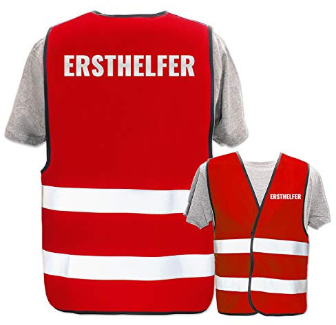 Bedruckte Warnwesten mit ISO-Leuchtstreifen * Standard- oder Reflex-Druck * Erste Hilfe und Brandschutz * Begriff: Ersthelfer (Reflektierend) * Farbe (Größe): Rot (XL/XXL)