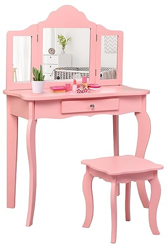 COSTWAY 2-in-1 Toeletta Trucco Bambina, Tavolo da Trucco per Bambini con 3 Specchio e Sgabello, Postazione Trucco con 1 Cassetto, 3-7 Anni (Rosa)