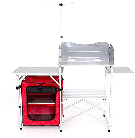 Outdoor Küche Camping Schränke Tragbarer Klappbarer Camping-Küchentisch Im Freien, Campingküche Aus Aluminium Mit Ablagefach & Windschutz, BBQ Party Grilltisch