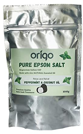 Origo Pure Epsom Salt with Peppermint Oil and Coconut Oil 1KG Best for Good Sleep - Stress Relief - Beauty - Relaxing - Bathing - Body Care