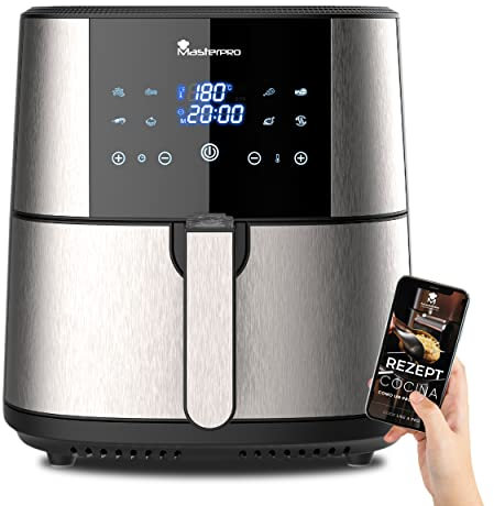 MasterPro Foodies | Freidora Sin Aceite | Air Fryer XXL con Capacidad de 6L y 1800W de Potencia | Con Pantalla LED Táctil y Cesta Antiadherente | Freidora de Aire | 8 Funciones Diferentes en 1