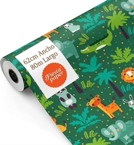 Carta da regalo per bambini con animali della giungla, rotolo grande e resistente da 62 cm x 80 m - Decorazione per compleanno bambini - FP Fiesta Paper
