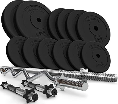 Physionics® Hantelset - 45/75/105/125kg Set, Langhantel 165cm, Ø30mm, 2 Kurzhanteln, SZ Stange, Gewichten - Kurzhantelstange, Hantelscheibe (Langhantel + SZ Stange + 2 Kurzhanteln 125KG)