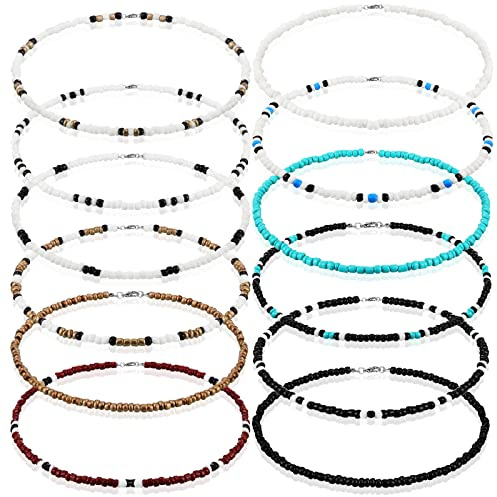 Yinkin 12 Pcs Puka Shell Necklace Bulk for Men Women Beach Surfer Beaded Necklace Summer Surfer Chokers Jewelry(Vivid,Multicolor)