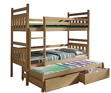 KEF Lena Etagenbett Kinder 80x190 cm - Etagenbett 3 Personen - Holz Kinderbett - für DREI Kinder - mit Schubladen - Ausziehbares Drittes Bett - mit Matratze - Eiche
