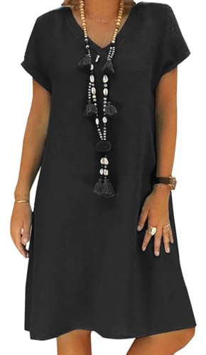 Tincini Women's Dress Summer Linen Dresses Casual V Neck Midi Dress Short Sleeve A-line Dress Sundress Tunic Dress Without Accessories (A Black, M)
