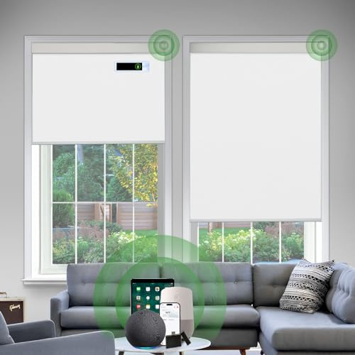 DONGFXK Motorized Roller Blinds, Blackout Automatic Shades with Solar Panel Cordless Smart Blinds for Windows, Custom Electric Blinds Horizontal Roller Shades with Remote Control,White,22 W X 72 H