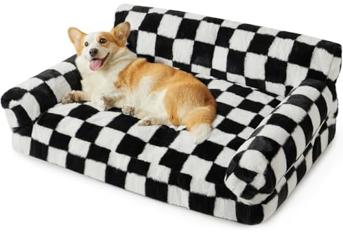 BFPETHOME Dog Couch Bed, Cute Pet Sofa with Non-Slip Bottom, Checkered Dog Bed with Washable Cover, XL Pet Couch (Black&White)