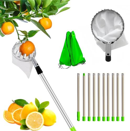 WDKXCN Recoge Frutas Telescopico, 3.2M Recogedor de Frutas con Varillas de Extensión de Aluminio, Recolector de Frutas con Bolsa de Tela de 16cm de Diámetro, Recolector para Ciruelas, Cerezas