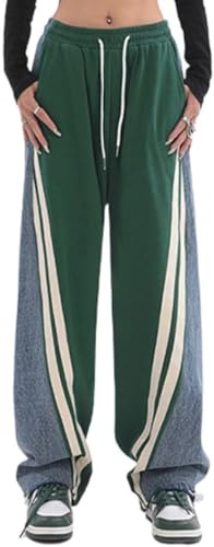 ThiCc Pantalon de survêtement pour femme avec patchwork en denim - Taille élastique - Cordon de serrage - Pantalon droit avec poche Y2K - Rayures latérales - Couleurs contrastées - Jean cargo -