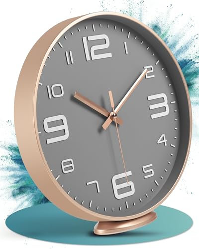 LATENO - Wanduhr Zum Aufstellen Oder Aufhängen - Lautlos, Klassisch Und Modern - Ohne Tickgeräusche - Für Wohnzimmer (Rosegold Grau, 30 cm)