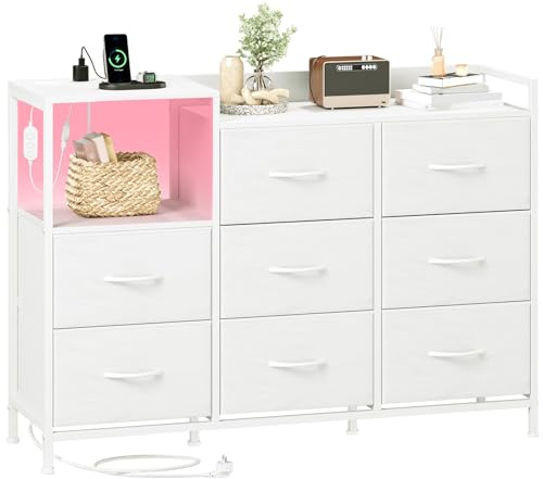 Somdot Commode Chambre LED avec Prises, à 8 Tiroirs en Tissu, Blanc | Commode de Chambre Adulte, LED Réglable, 2 Prises & 2 Ports USB, Meuble de Rangement pour Enfant, 29P x 99l x 70,5H