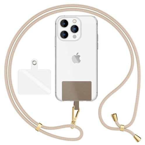 NALIA Universal Handykette für alle Smartphones - Robuste Kordel & 2 Patches - HOLDME AIR (Klassisches Lanyard mit Goldenem Karabiner) - Marke aus Berlin, Farbe:Weiß Beige