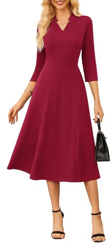 GRACE KARIN Women's V-Neck Midi Dress Elegant 3/4 Sleeve A-Line Cocktail Dress Dark Red M