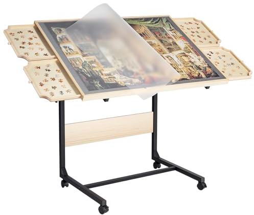 VEVOR Table de Puzzle 1500 Pièces, Planche de Puzzle 86,5 x 63,5 cm, avec Pieds en Métal, 4 Tiroirs, Roues et Couverture, Plateau Casse-Tête Hauteur Réglable et 5 Angles d'Inclinaison, Famille