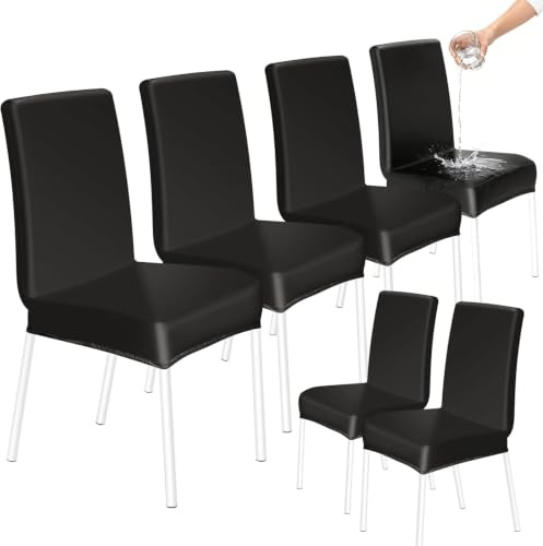 HOZKUY Dining Chair Covers Set of 6, Universal Fit Chair Slipcover, High Back Faux Leather Waterproof Chairs Cover Elastic Washable Chair Protectors for Dining Room, Kitchen, Restaurant, Black