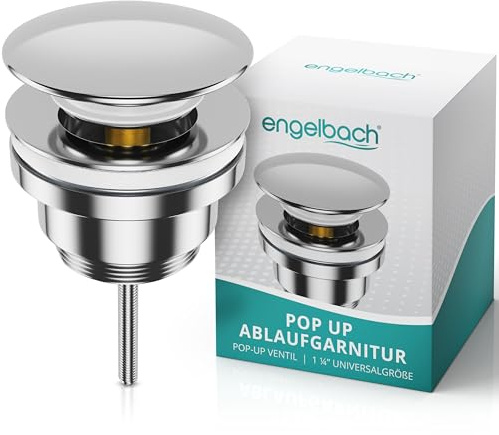 Engelbach® Universal Waschbecken Ablaufgarnitur (Extra Platzsparend) - Pop up Ablaufventil mit Überlauf (Auch für Waschtische) Herausziehbarer Stöpsel - inklusive Einbauanleitung