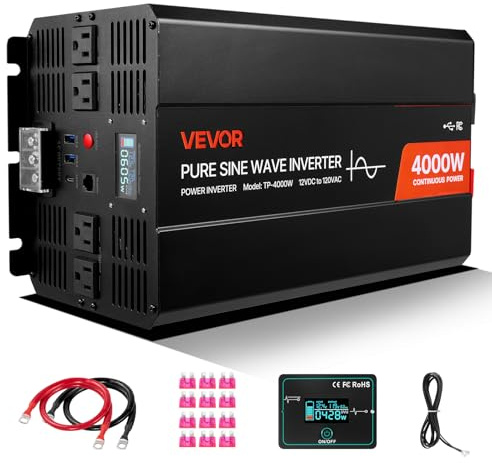 VEVOR Inverter di Corrente da 4000 W, Inverter a Onda Sinusoidale Pura da 12 V CC a 230 V CA, Convertitore per Caricabatteria Solare da Auto con Display LCD, Telecomando, Porte USB e Tipo C, Prese CA