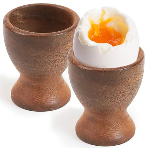 MeowAroma Acacia Wood Egg Cups Set of 2, Natural Wooden Egg Holders for Soft & Hard Boiled Eggs - Stable Footed, Handcrafted Kitchen and Dining Table Decor, Elegant Gift Idea