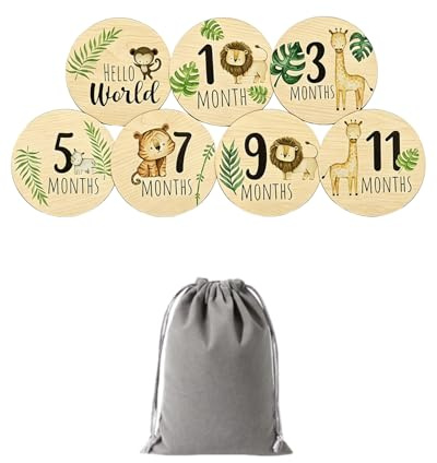 TISCH Dischi Complimese Neonato Set 7 in Legno per Foto Primo Anno, con Sacchetto Velluto - Regalo Nascita e Baby Shower Originale